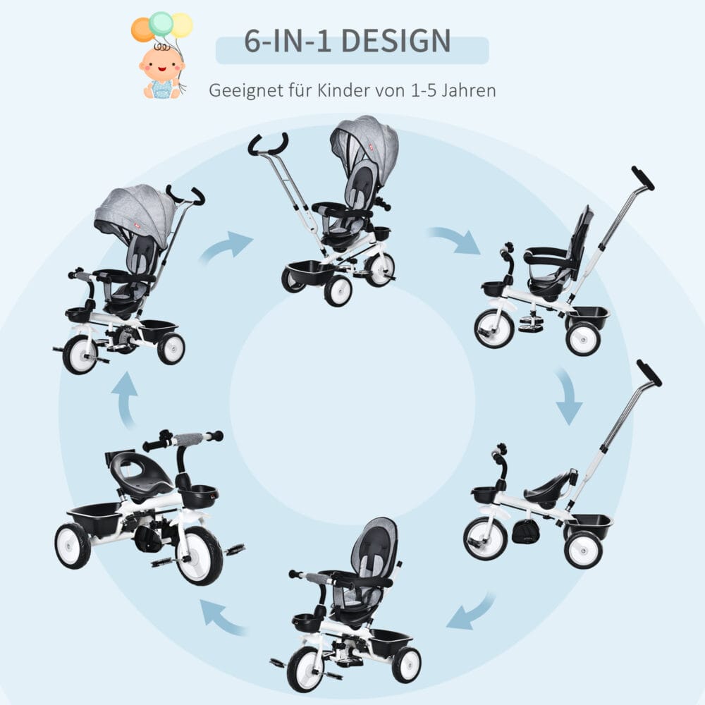 2 in 1 Kinderdreirad Jogger mit Lenksystem Samt-Touch Grau