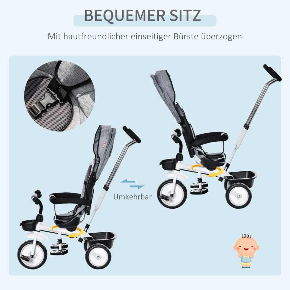 2 in 1 Kinderdreirad Jogger mit Lenksystem Samt-Touch Grau