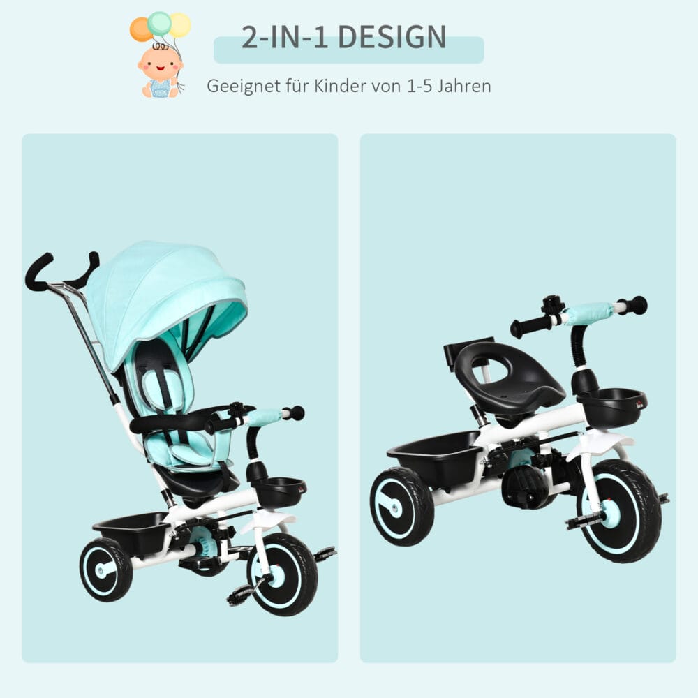 2 in 1 Kinderdreirad Jogger mit Lenksystem Samt-Touch Grün