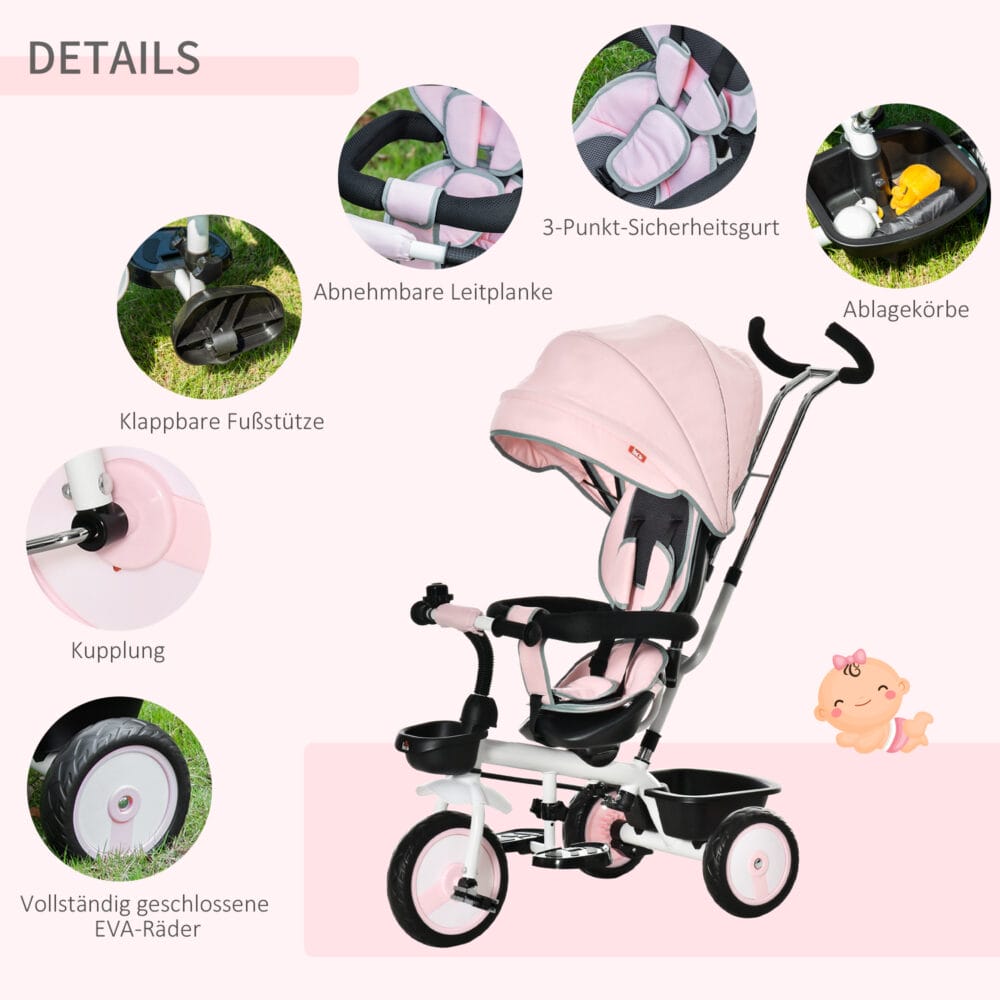 2 in 1 Kinderdreirad Jogger mit Lenksystem Samt-Touch Rosa