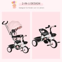2 in 1 Kinderdreirad Jogger mit Lenksystem Samt-Touch Rosa
