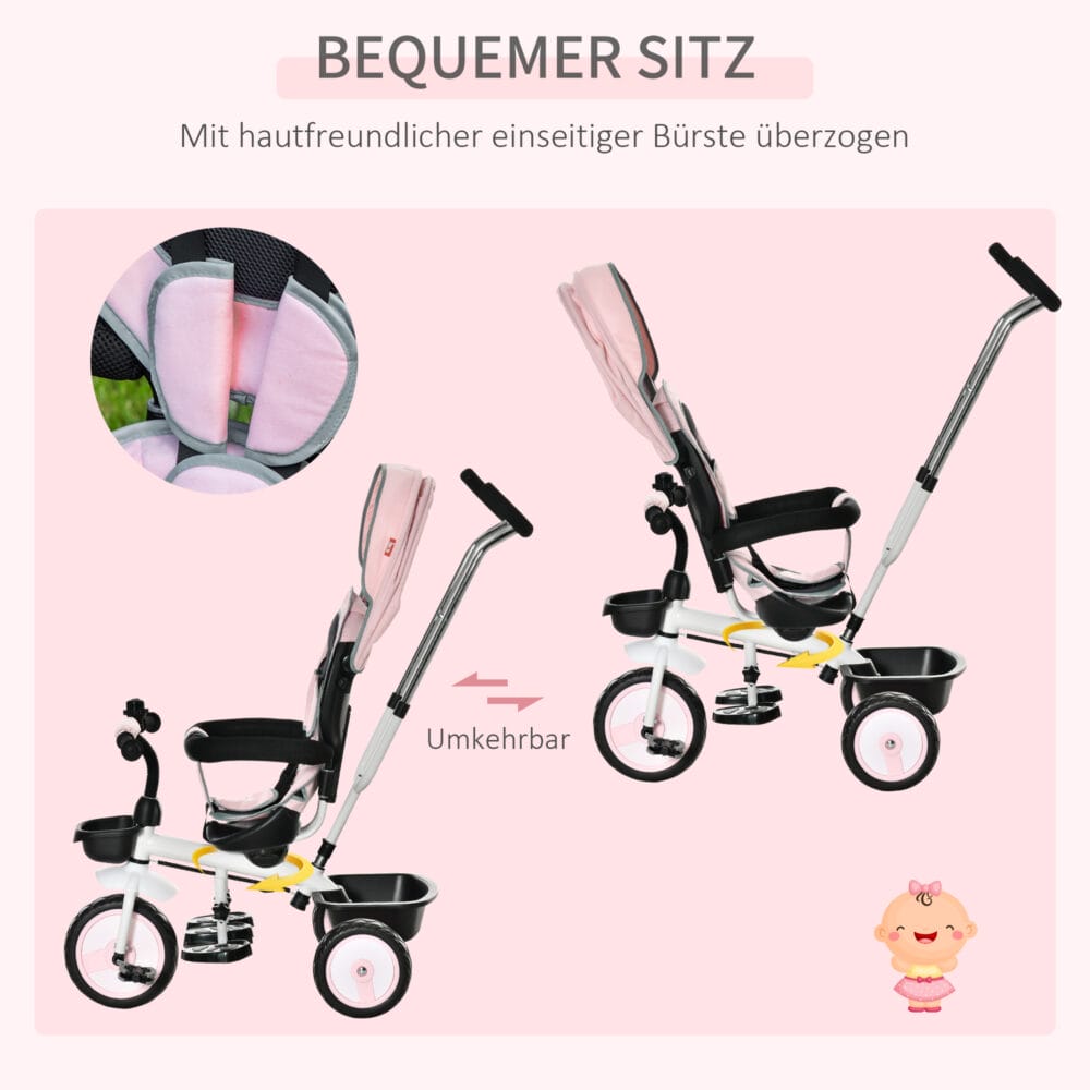 2 in 1 Kinderdreirad Jogger mit Lenksystem Samt-Touch Rosa