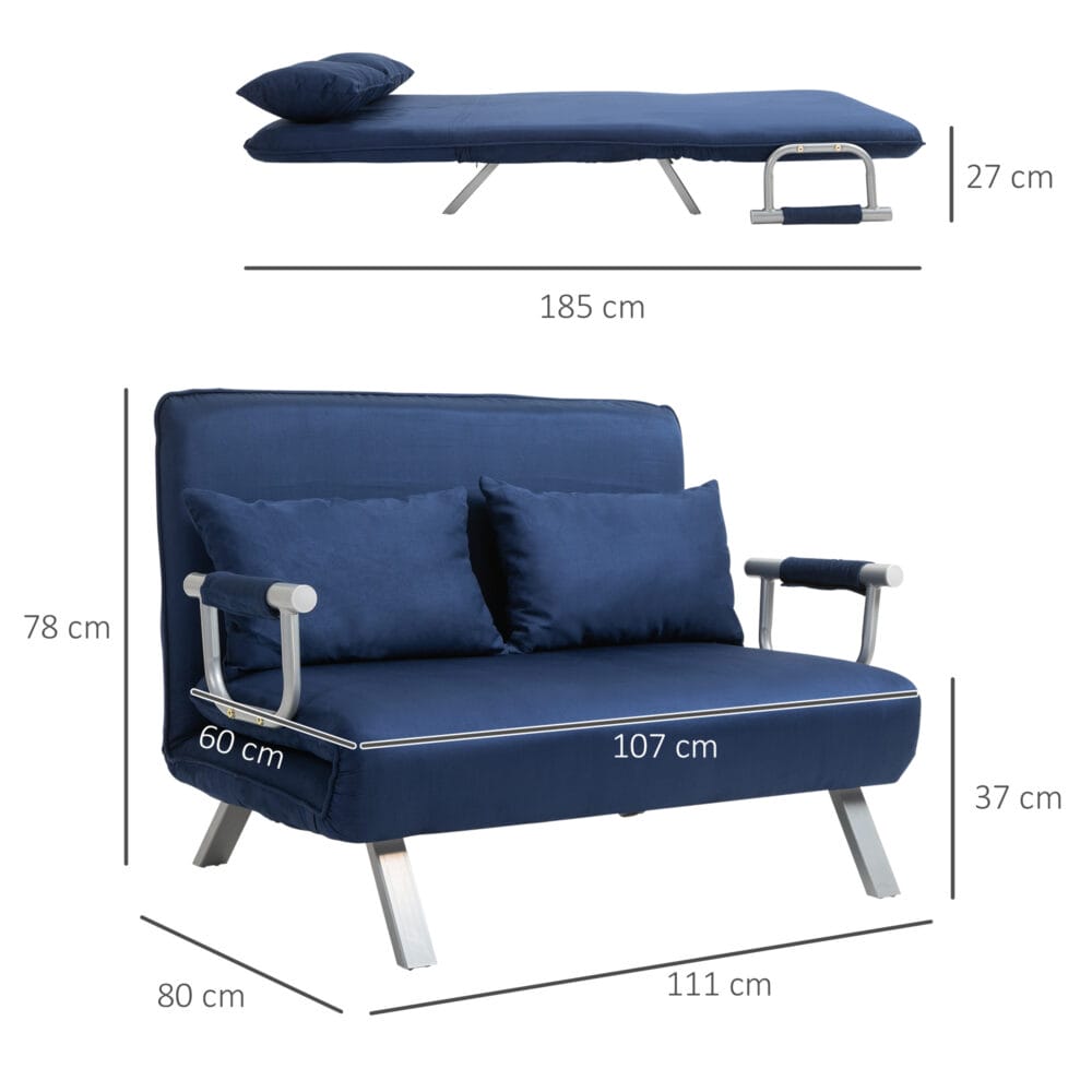 2-Sitzer Sofa Gästebett verstellbar mit Wurfkissen Blau - Verstellbares Gästebett-Sofa mit Kissen, Blau.