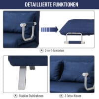 2-Sitzer Sofa Gästebett verstellbar mit Wurfkissen Blau - Verstellbares Gästebett-Sofa mit Kissen, Blau.