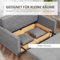 2-Sitzer Sofa Gästebett mit verstecktem Stauraum 152x101x81cm Grau - Sofa mit verstecktem Stauraum für Gäste.