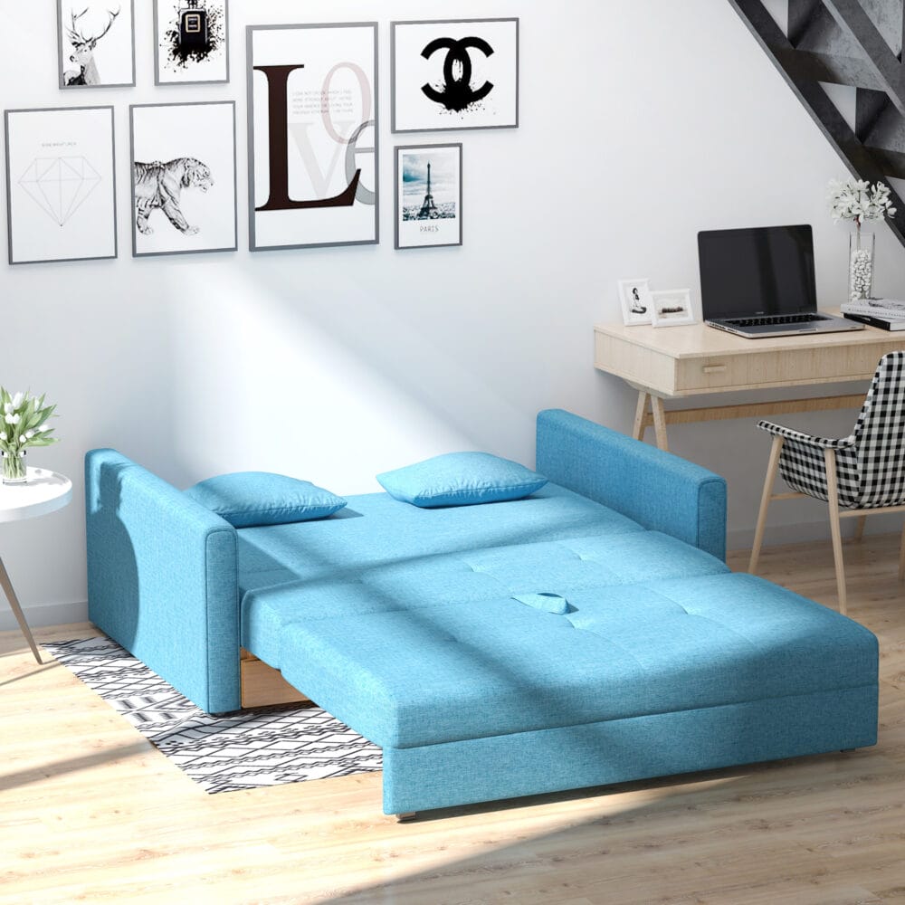 2-Sitzer Sofa Gästebett mit verstecktem Stauraum Hellblau - Klappsofa mit Stauraum für Übernachtungsgäste.