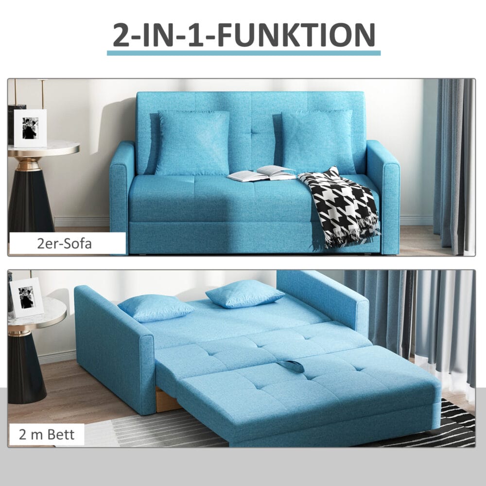 2-Sitzer Sofa Gästebett mit verstecktem Stauraum Hellblau - Klappsofa mit Stauraum für Übernachtungsgäste.