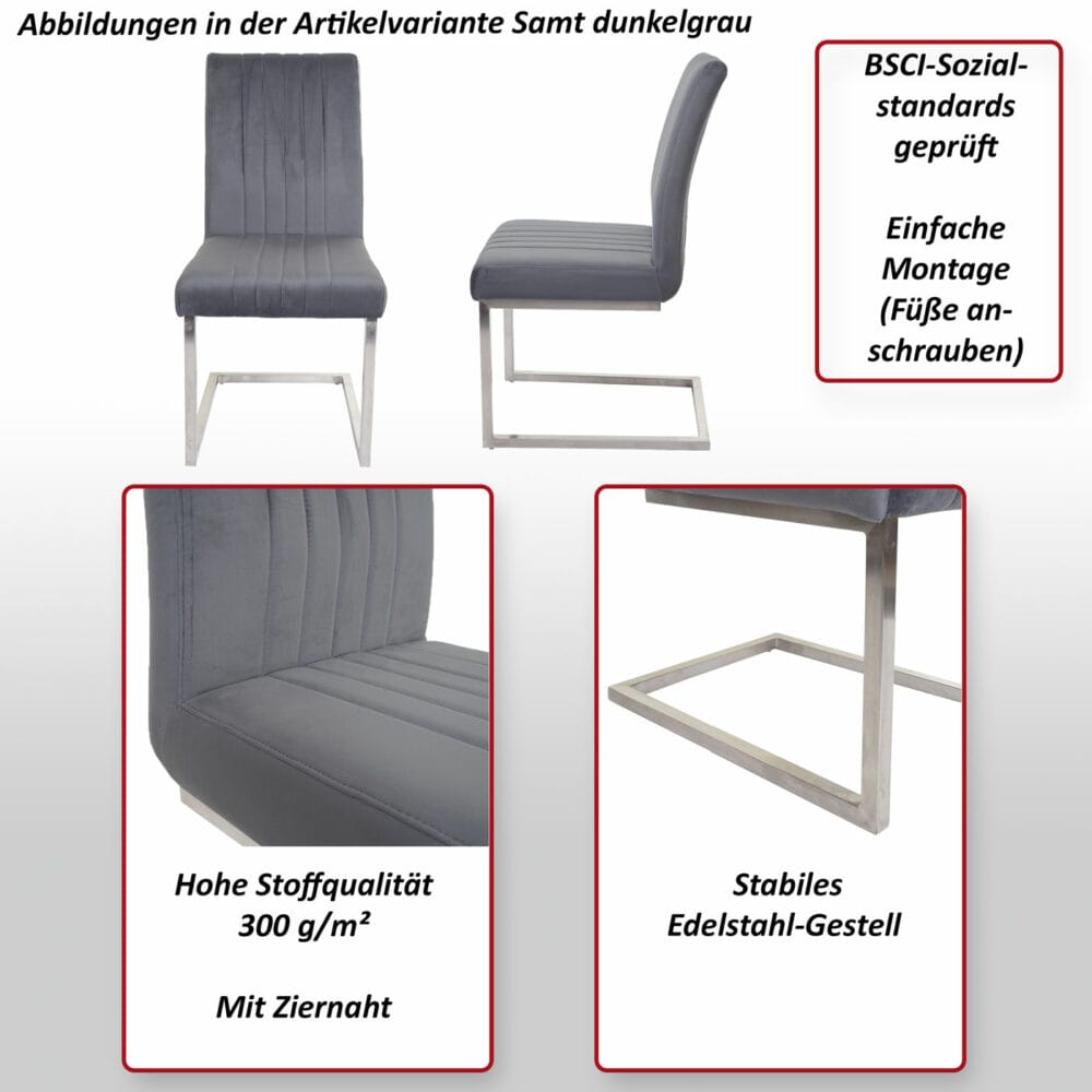 2er-Set Freischwinger JAM-L14 Samt Edelstahl gebürstet dunkelgrau