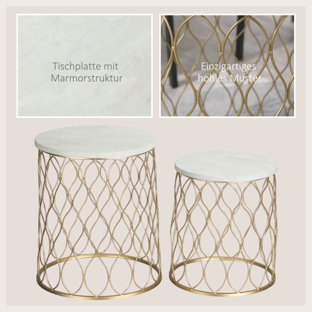 2er-Set Gartentische Retro Drahtkorb Design Gold-Weiss