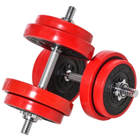 Rot-schwarzes 2-in-1 Hantelset 20kg, verstellbar.