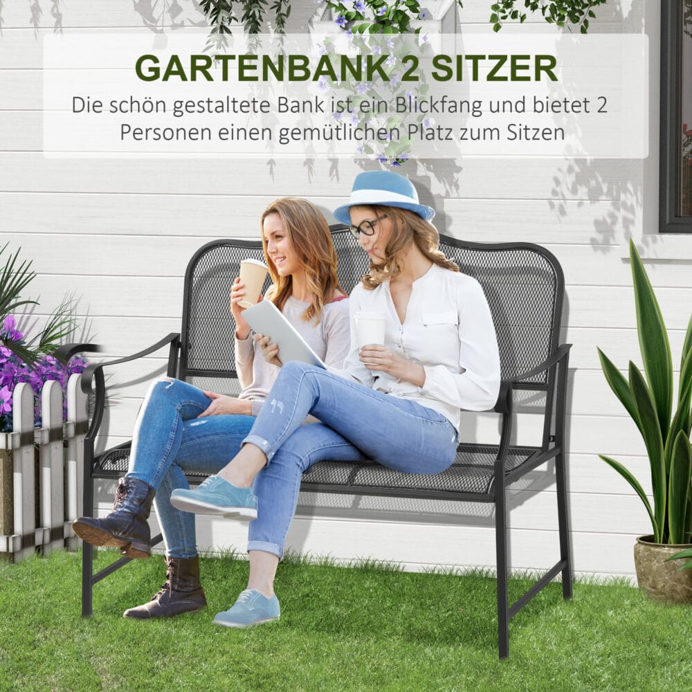 Schwarze, wetterfeste und stabile Gartenbank für zwei Personen.
