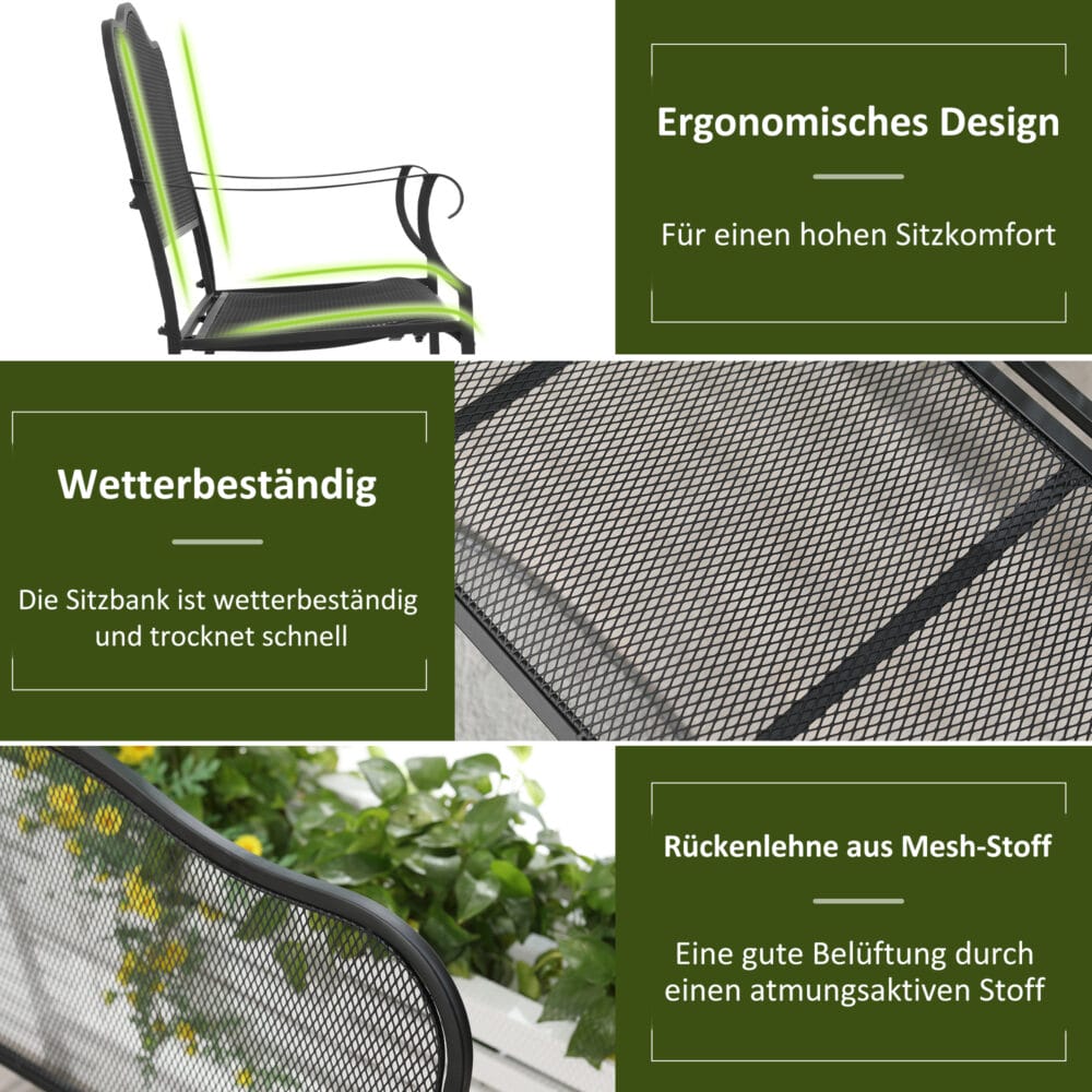 Schwarze, wetterfeste und stabile Gartenbank für zwei Personen.