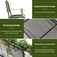 Schwarze, wetterfeste und stabile Gartenbank für zwei Personen.