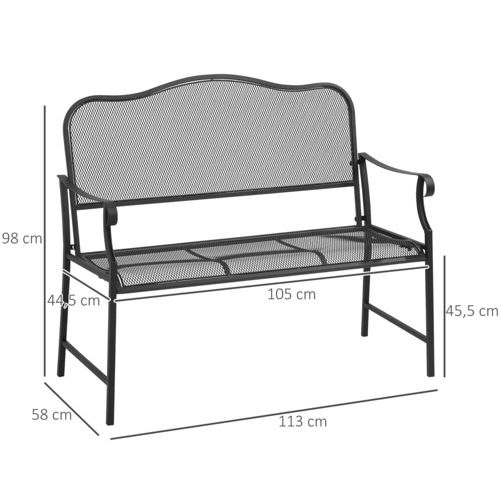 Schwarze, wetterfeste und stabile Gartenbank für zwei Personen.