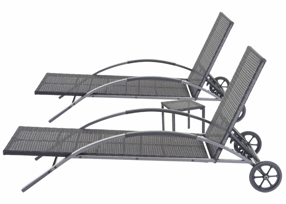 2x Liegestuhl Sonnenliege mit Tisch schwarz  Kissen dunkelgrau