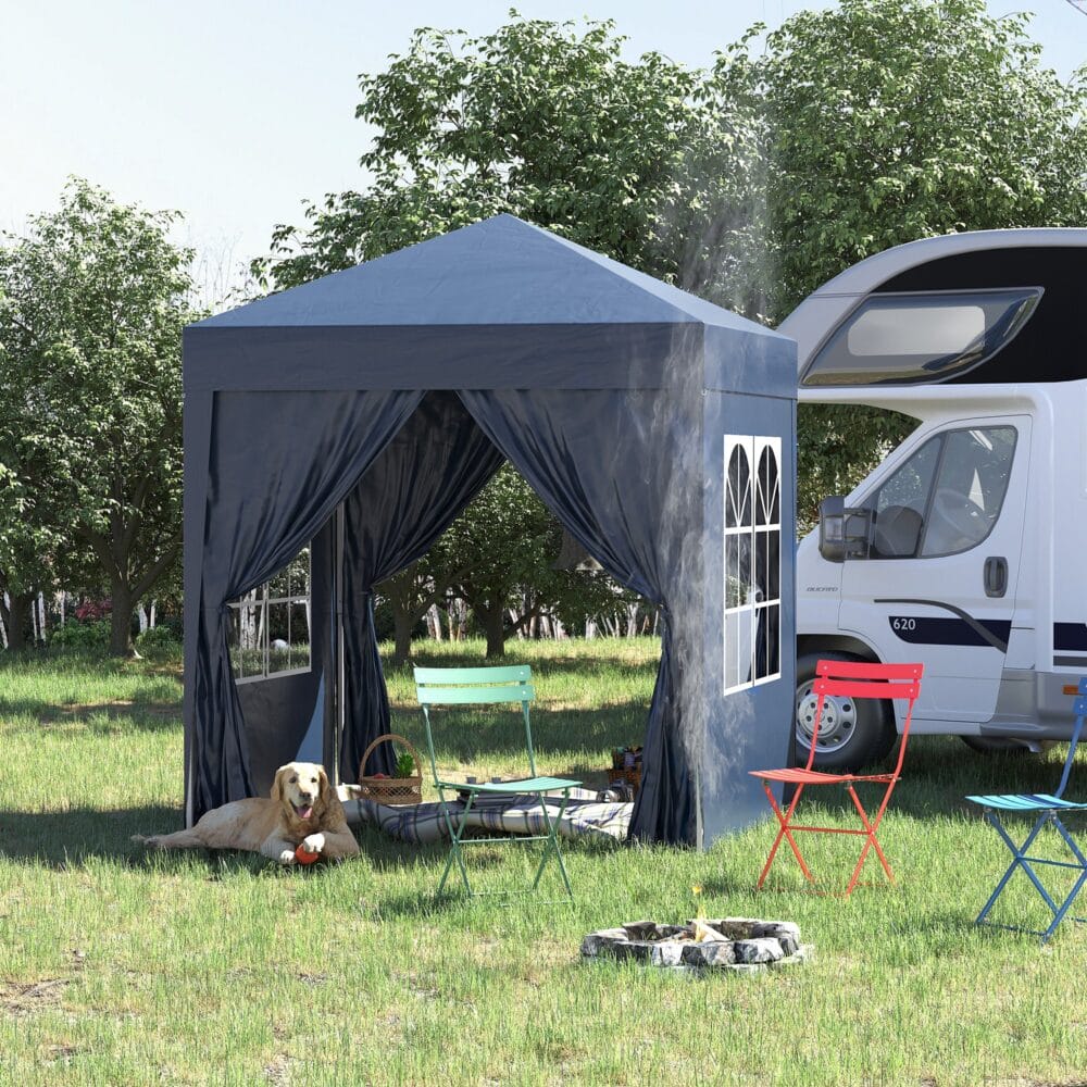 Wetterfester 2x2m Faltpavillon mit Fenster & Tür.