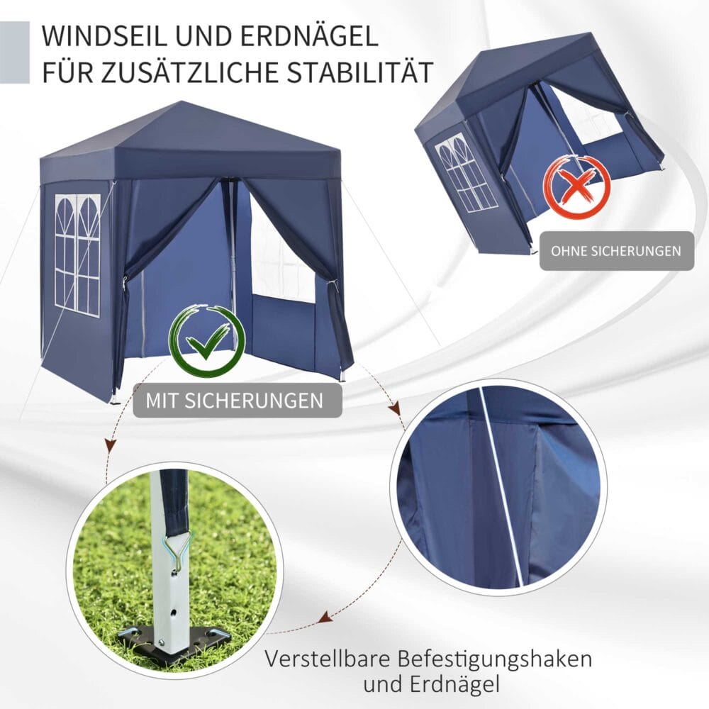 Wetterfester 2x2m Faltpavillon mit Fenster & Tür.