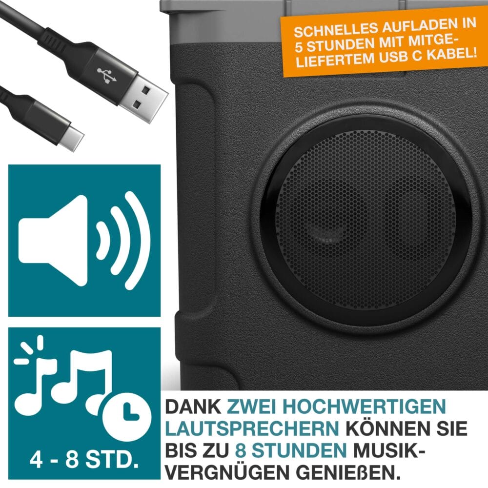 Tragbare 3-in-1 Musikkühlbox mit Bluetooth, 21 Liter, stylisch für Events.