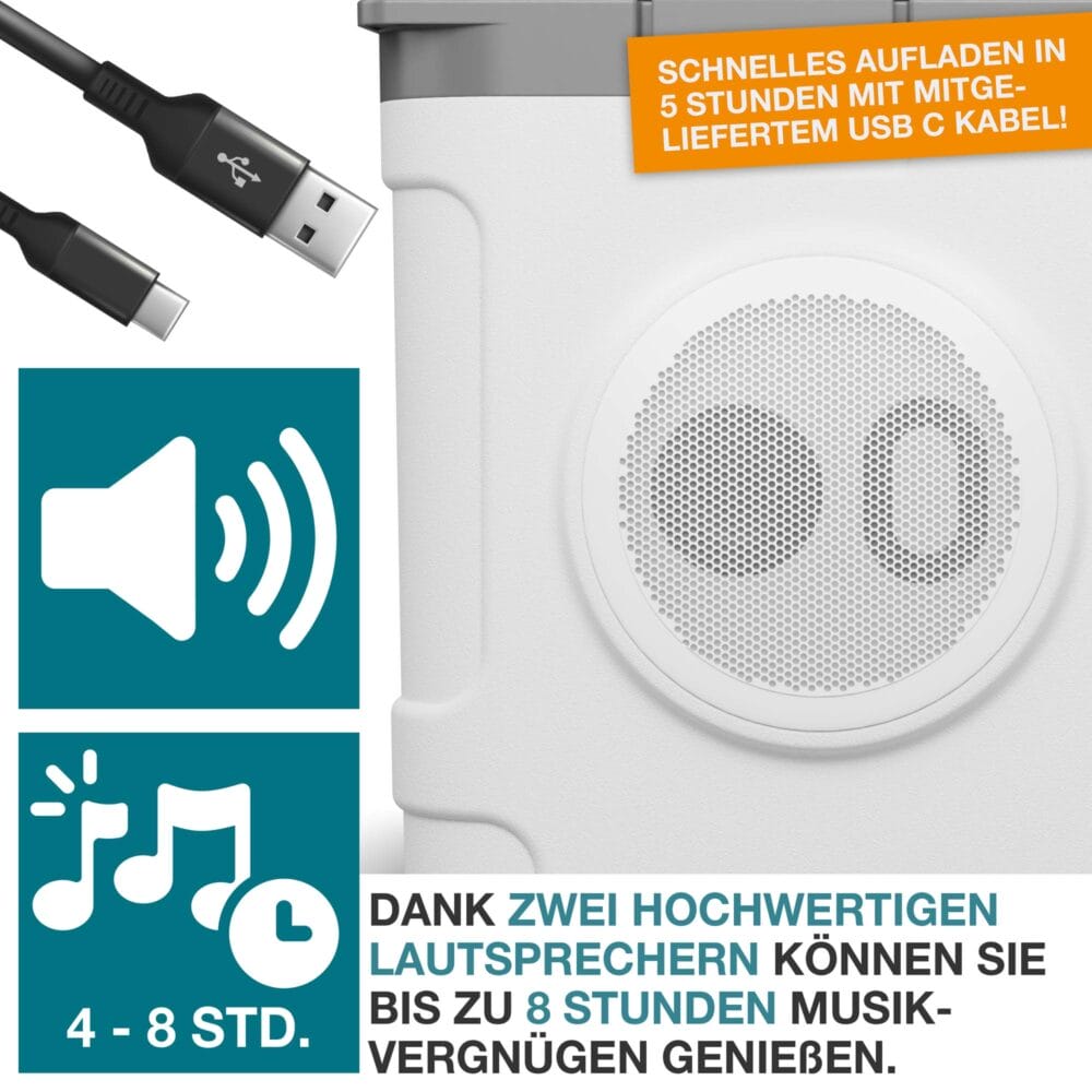Kühlbox mit Lautsprecher, 21 Liter, stylisches Design, ideal für Musikliebhaber.