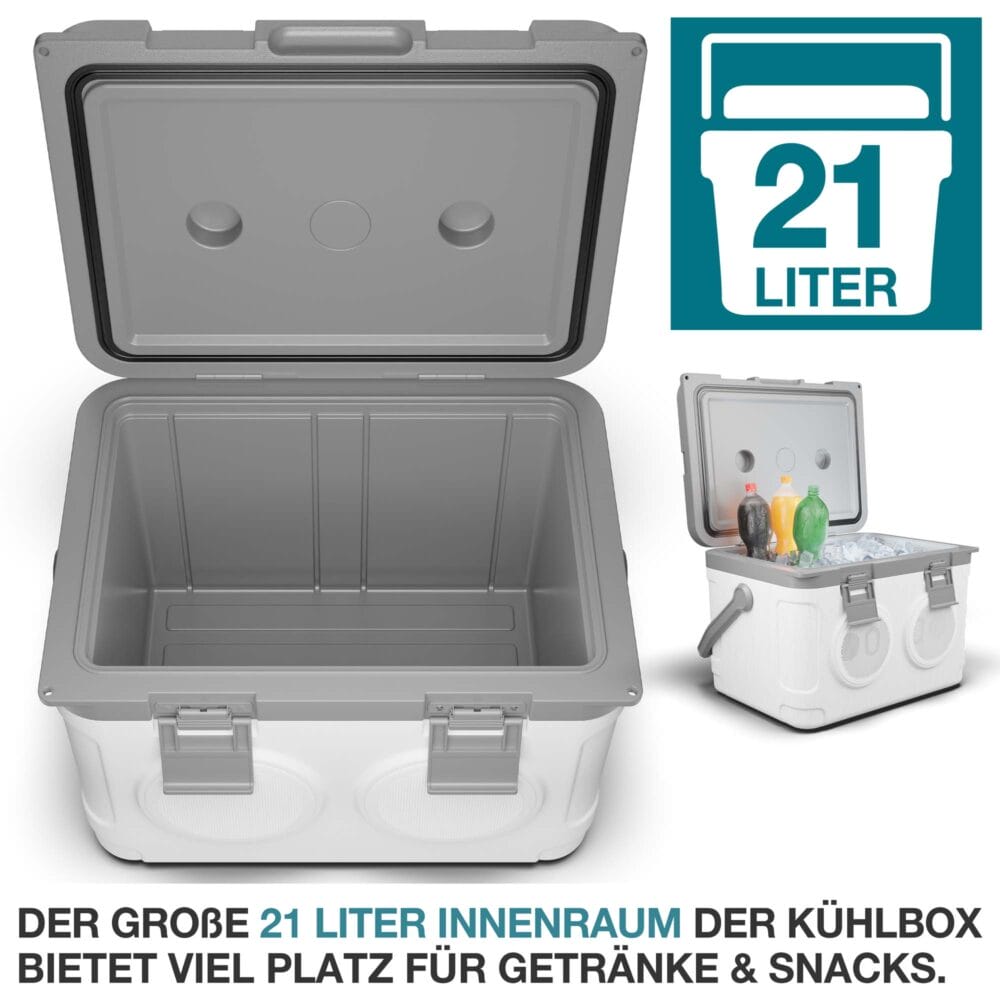 Kühlbox mit Lautsprecher, 21 Liter, stylisches Design, ideal für Musikliebhaber.