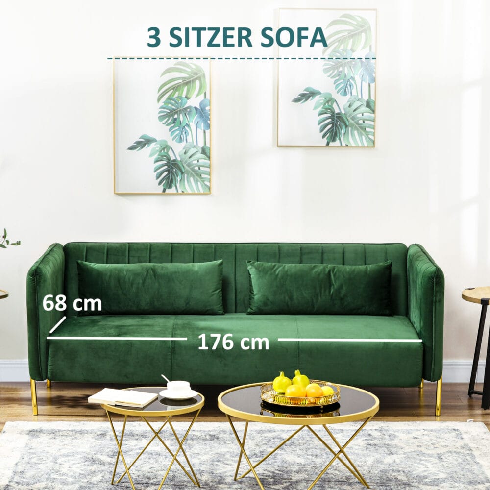 3-Sitzer Sofa mit 2 Sitzkissen 200x88x76cm Grün - Bequemes Sofa mit zusätzlichen Kissen in Grün.