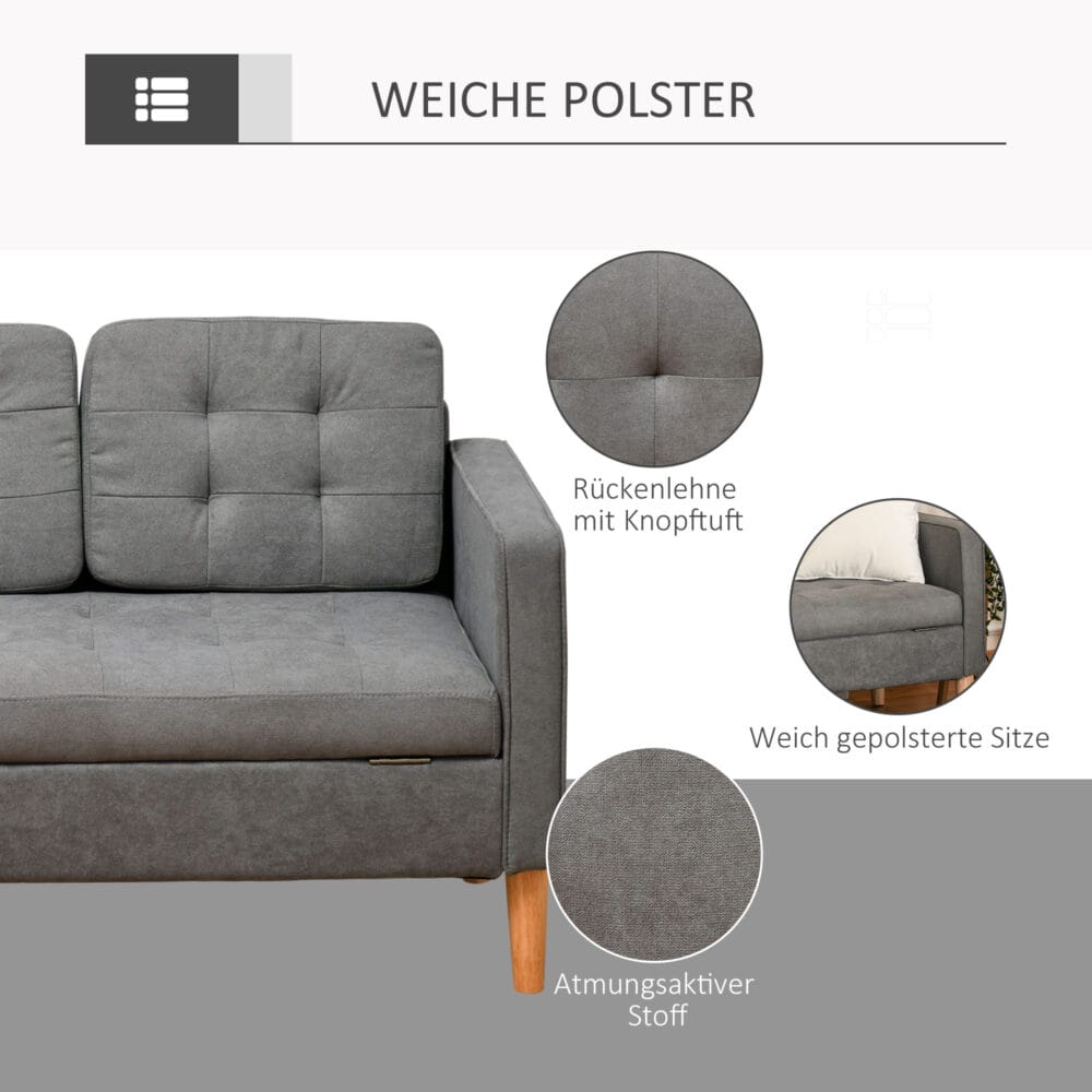 3-Sitzer Sofa mit Stauraum 166.5x62x82cm Grau - Grosszügiges Sofa mit Stauraum für zusätzlichen Platz.