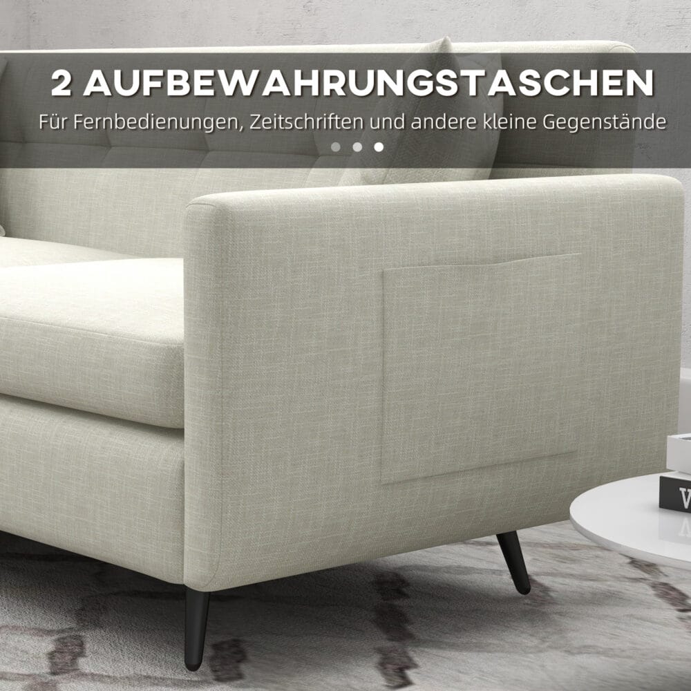 3-Sitzer Sofa mit Zierkissen & Seitentasche 165x73x72cm - Sofa mit zusätzlichen Kissen und praktischer Tasche.