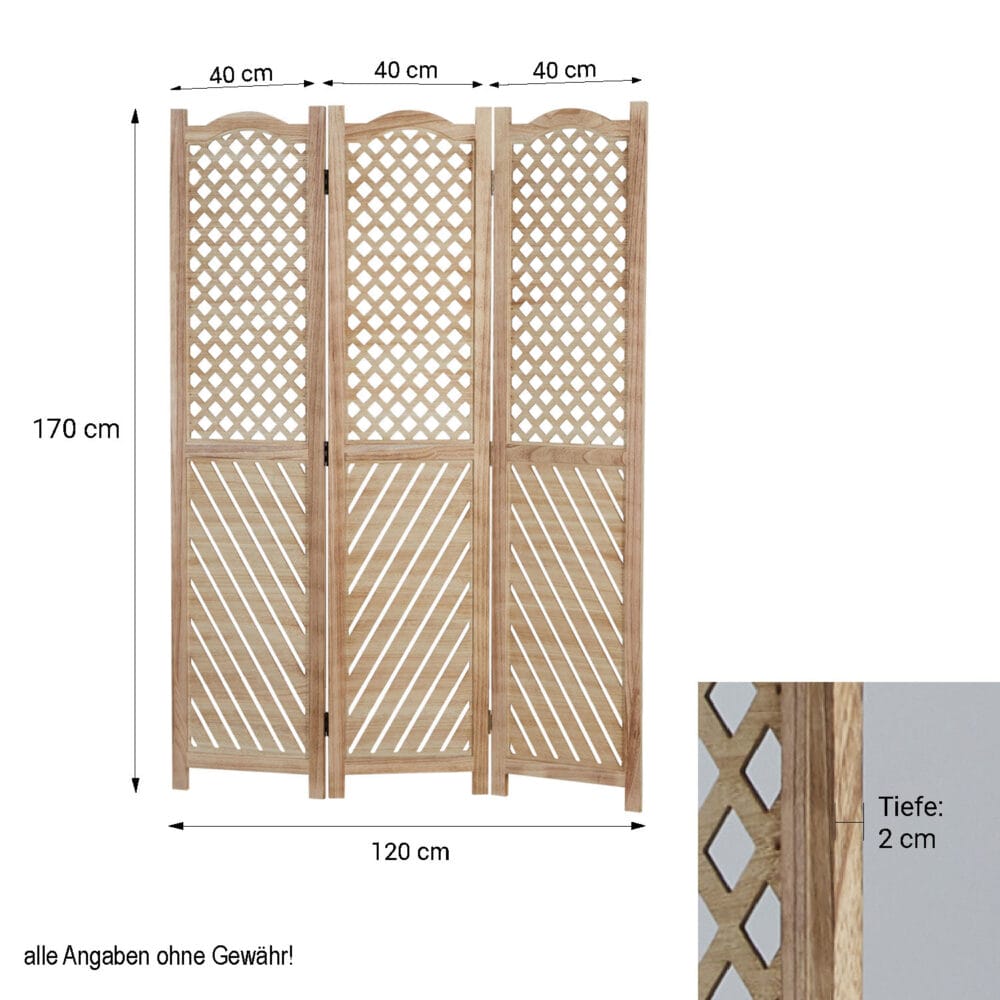 3-teiliger Paravent Raumteiler aus Holz Natur