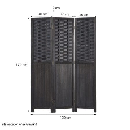 3-teiliger Paravent Raumteiler aus Holz Schwarz