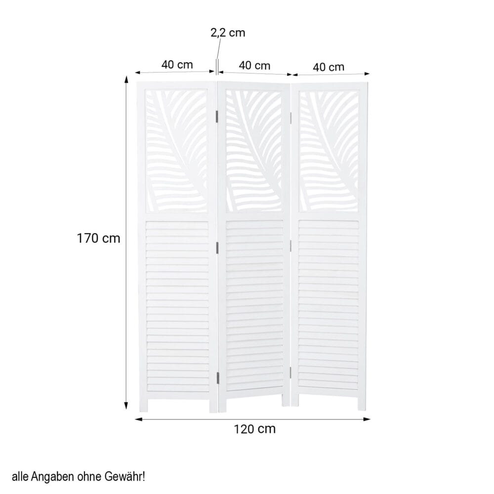 3-teiliger Paravent Raumteiler aus Holz Weiss