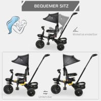 4 in 1 Kinderdreirad mit Schubstange Sonnendach Sicherheitsgurt