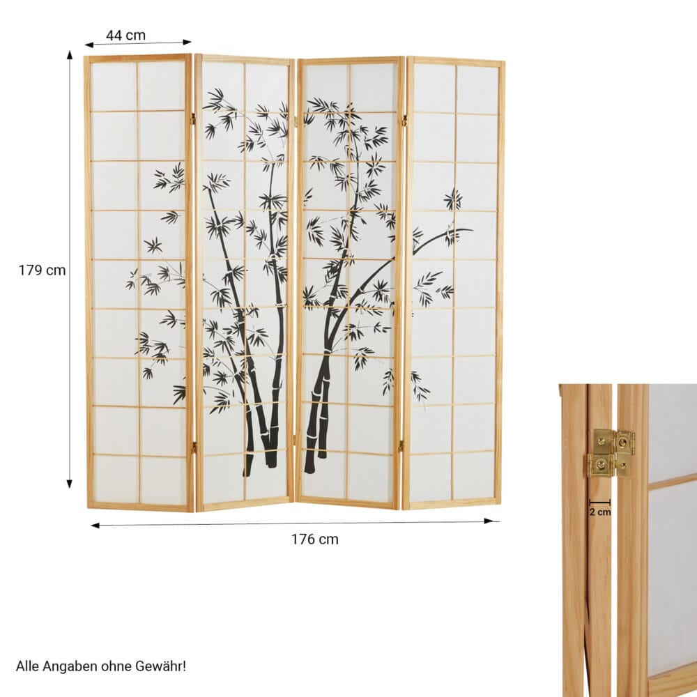 4-teiliger Paravent Raumteiler aus Holz Natur