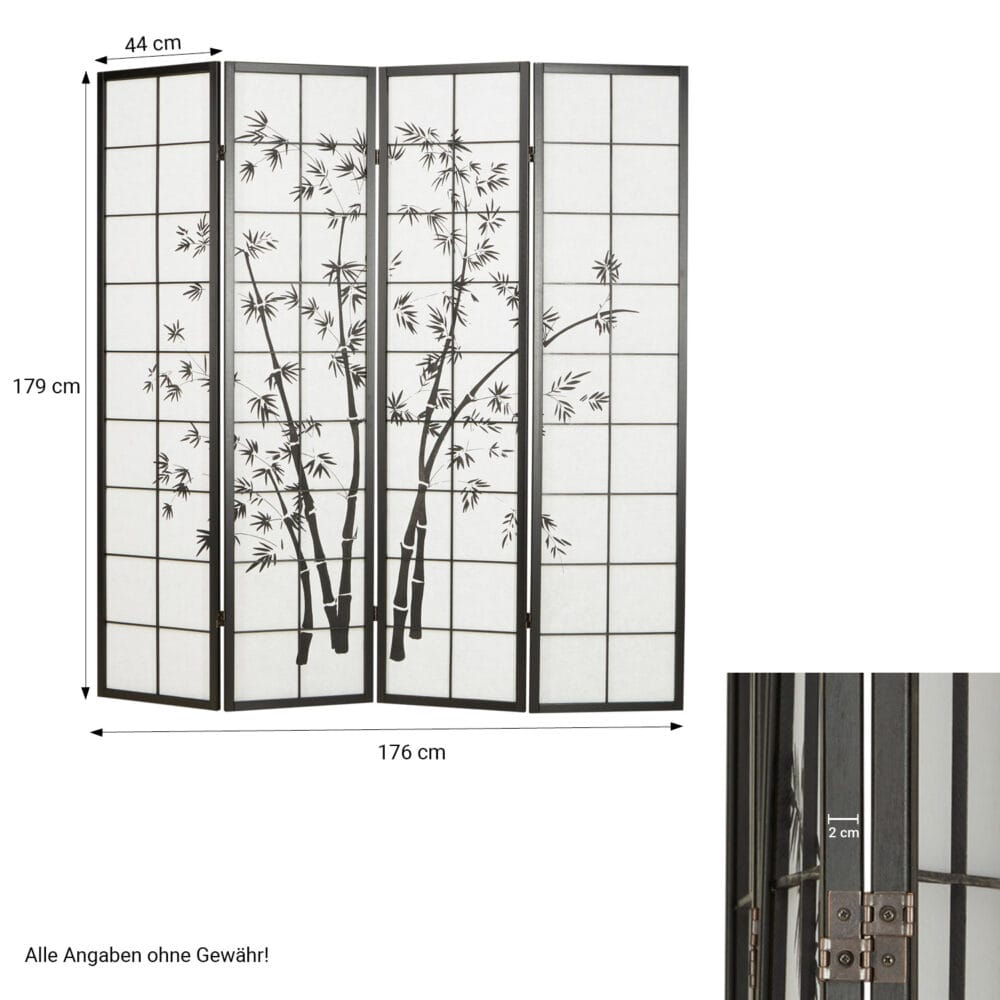 4-teiliger Paravent Raumteiler aus Holz Schwarz