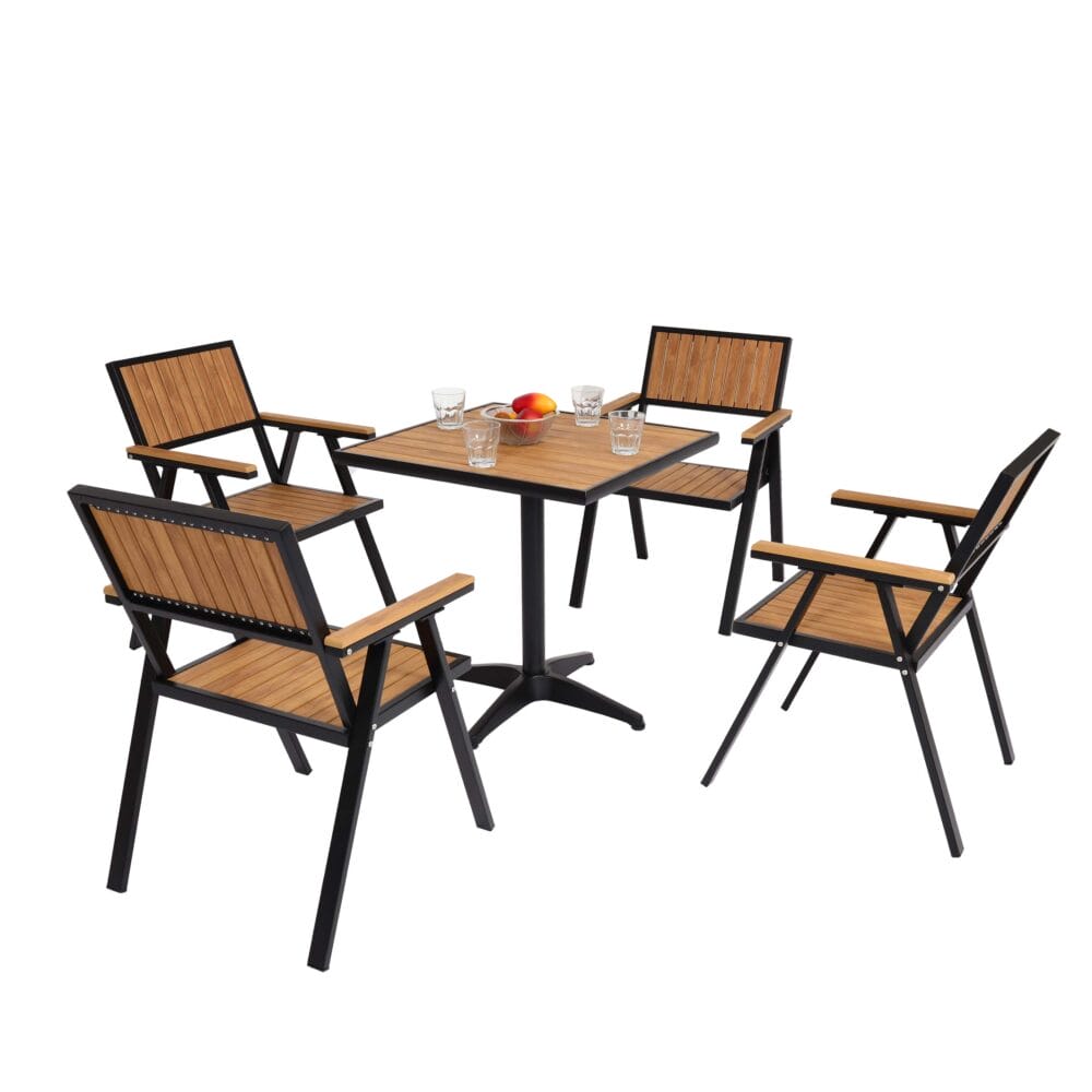 4er-Set Gartenstuhl + Gartentisch Outdoor Alu schwarz teak