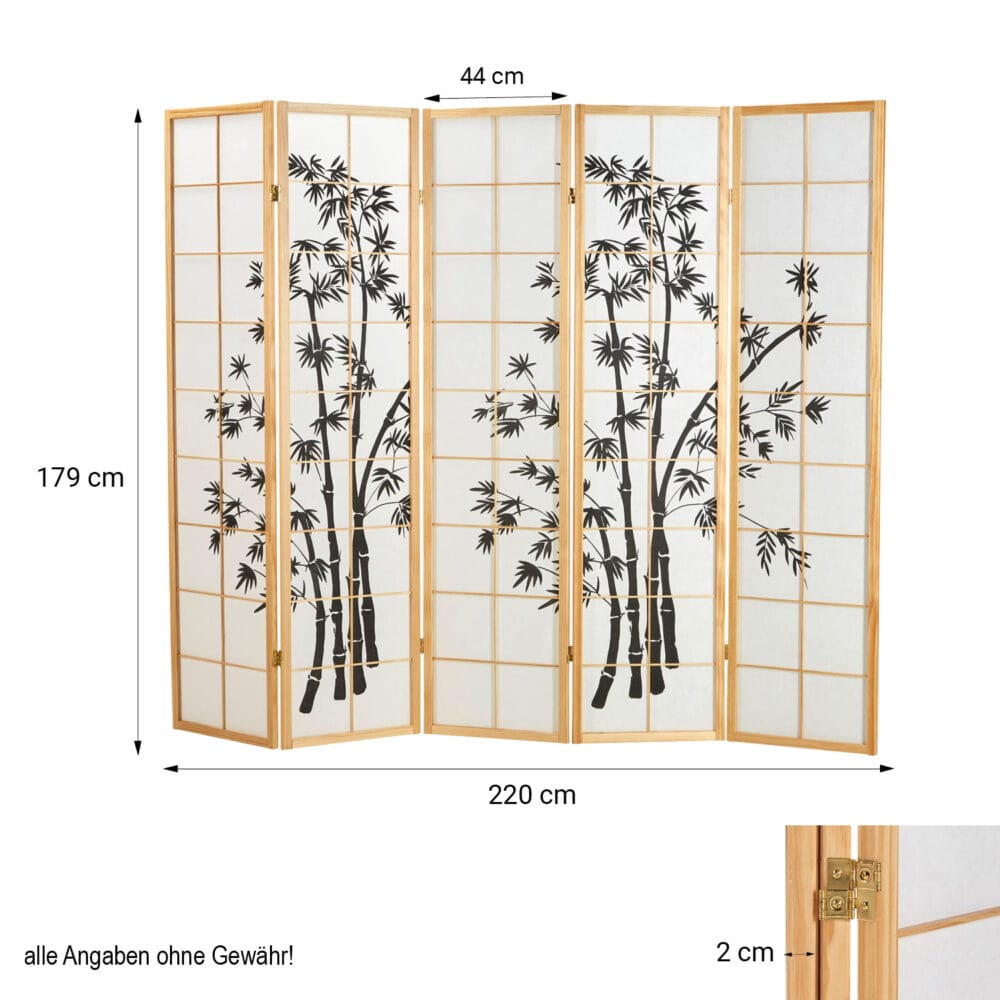 5-teiliger Paravent Raumteiler aus Holz Natur