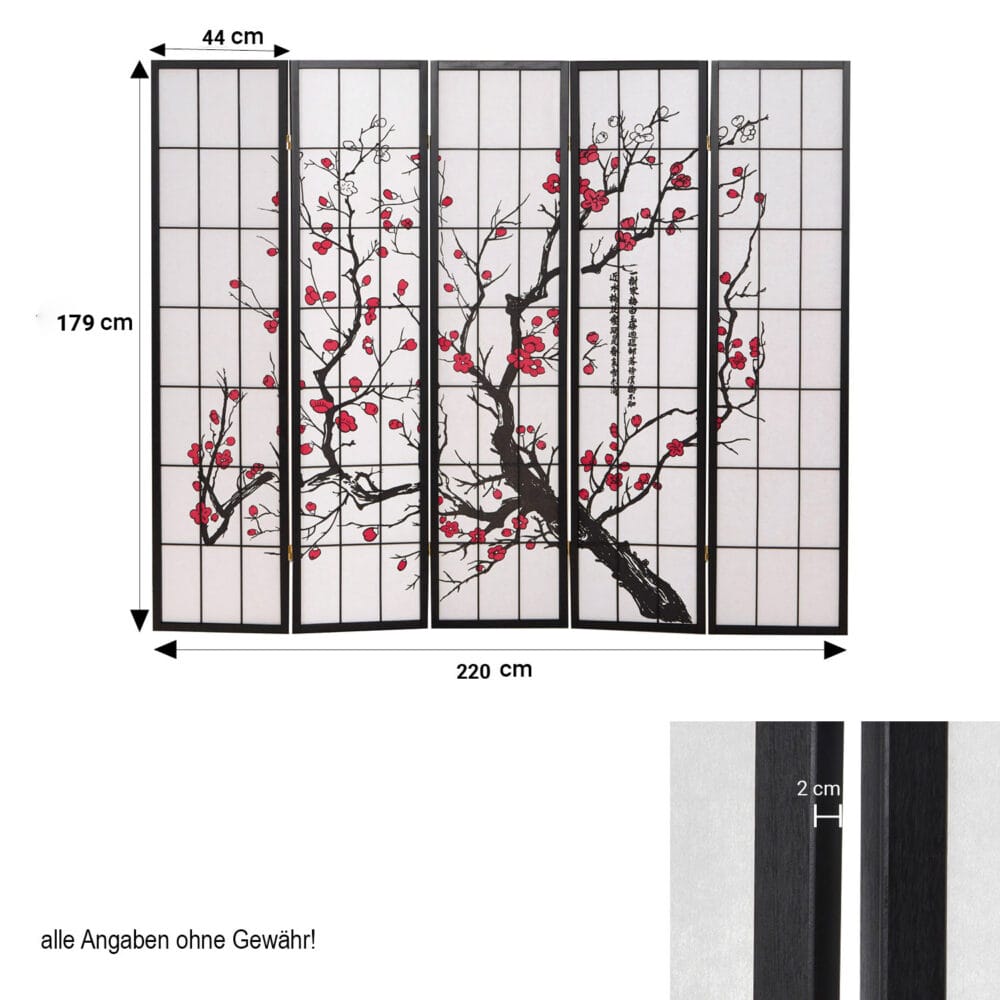 5-teiliger Paravent Raumteiler aus Holz Schwarz