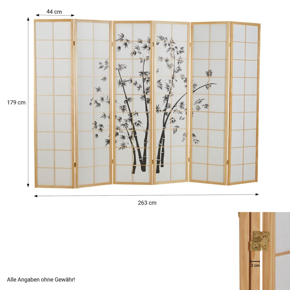 6-teiliger Paravent Raumteiler aus Holz Natur-Weiss