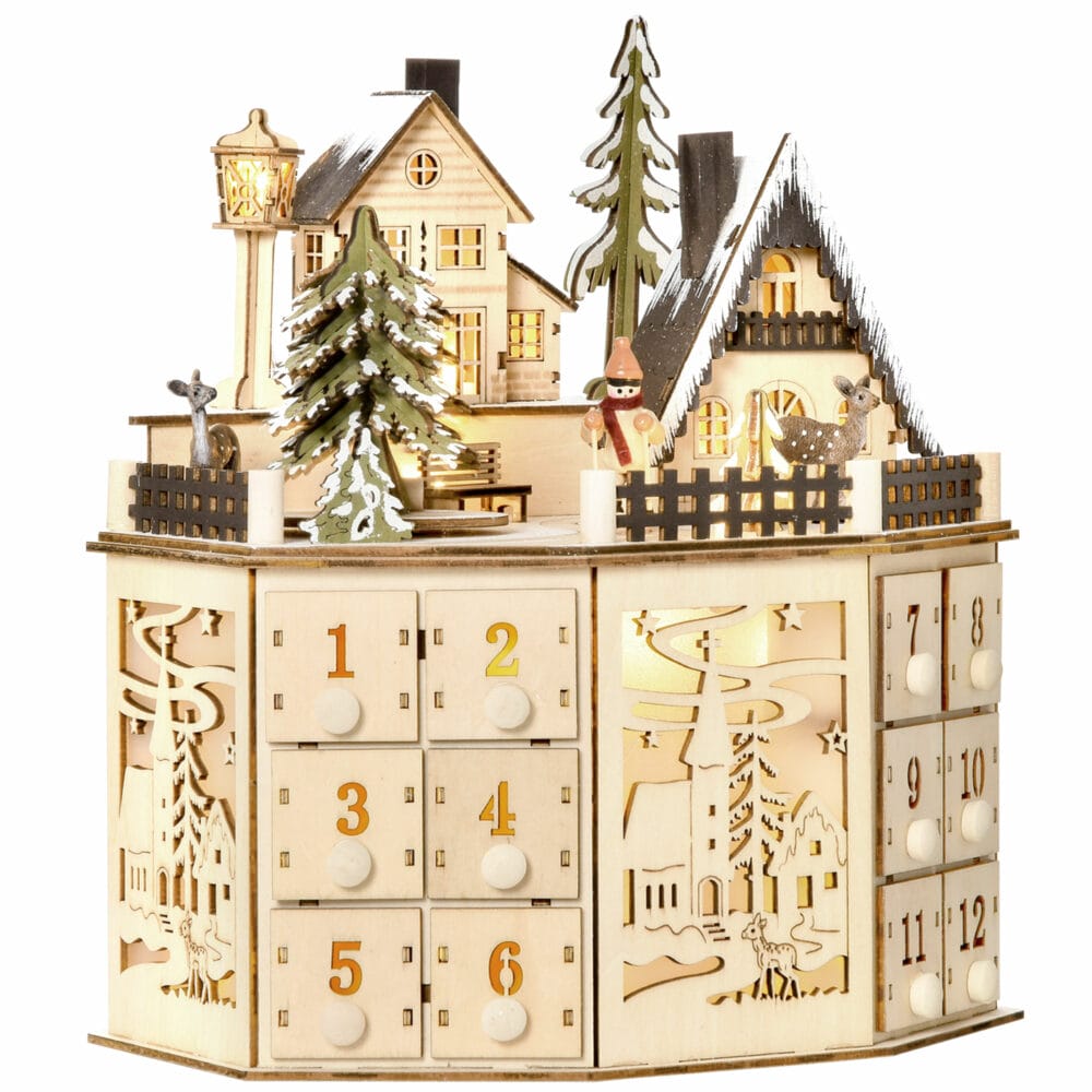 Adventskalender Holz mit Lichter 25 cm x 20 cm x 29 cm