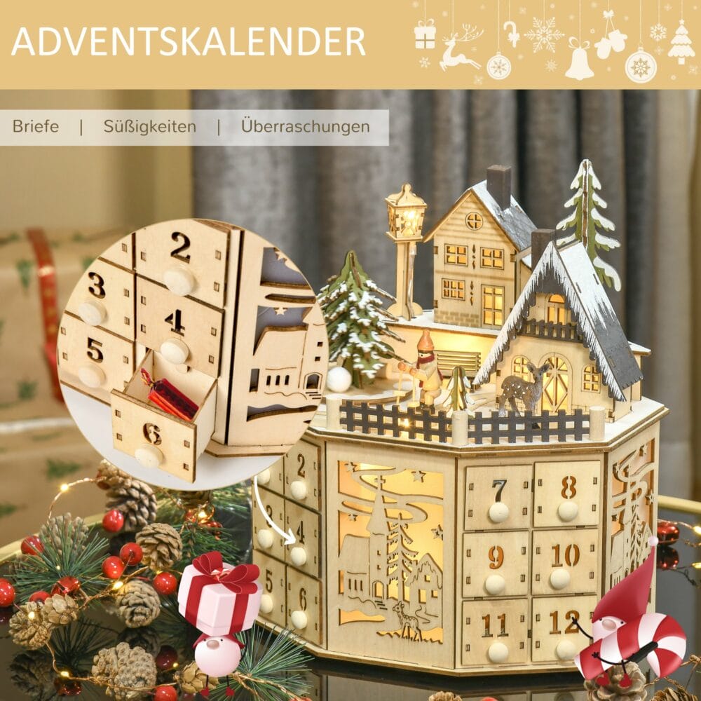 Adventskalender Holz mit Lichter 25 cm x 20 cm x 29 cm