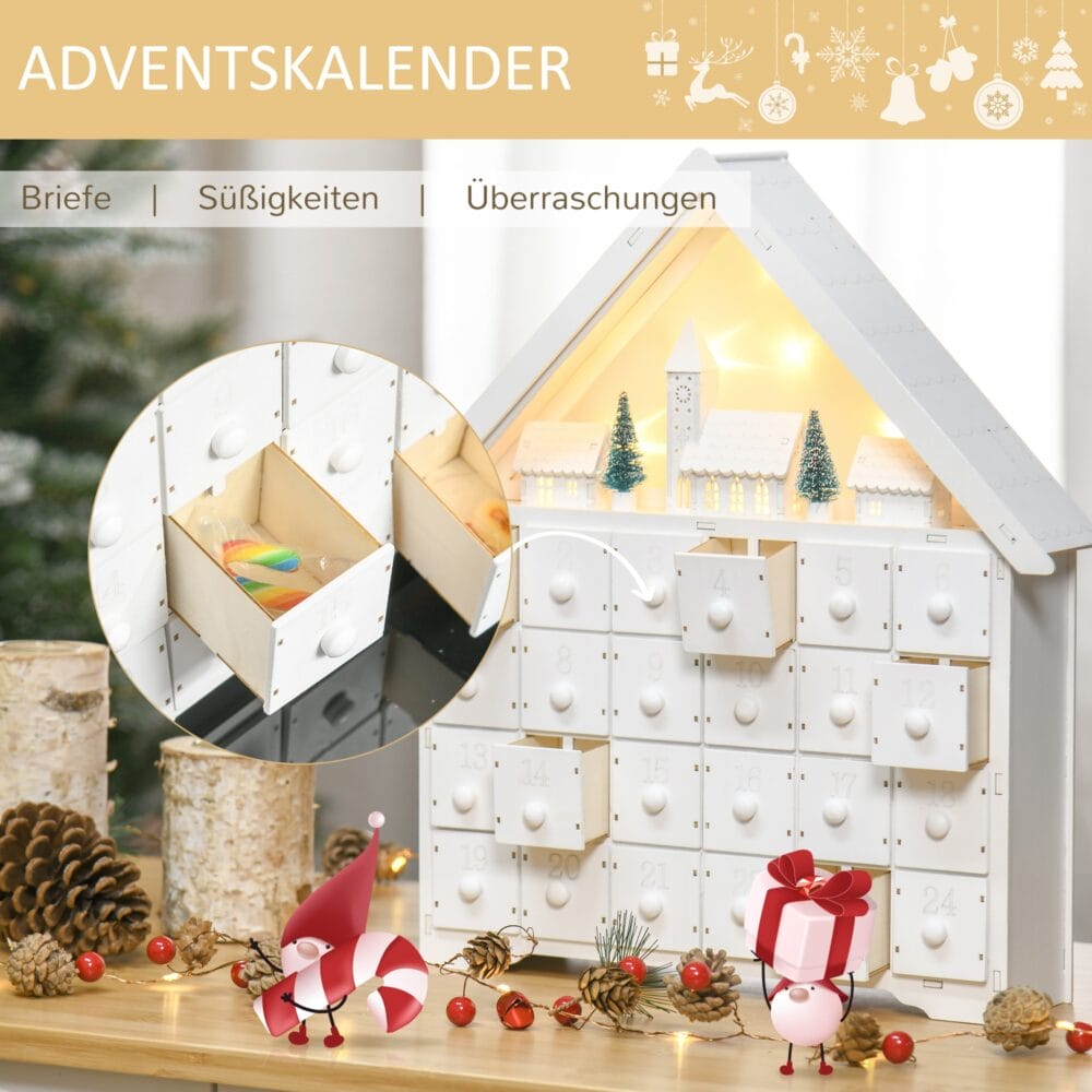 Adventskalender Holz mit Lichter 39 cm x 9 cm x 42 cm