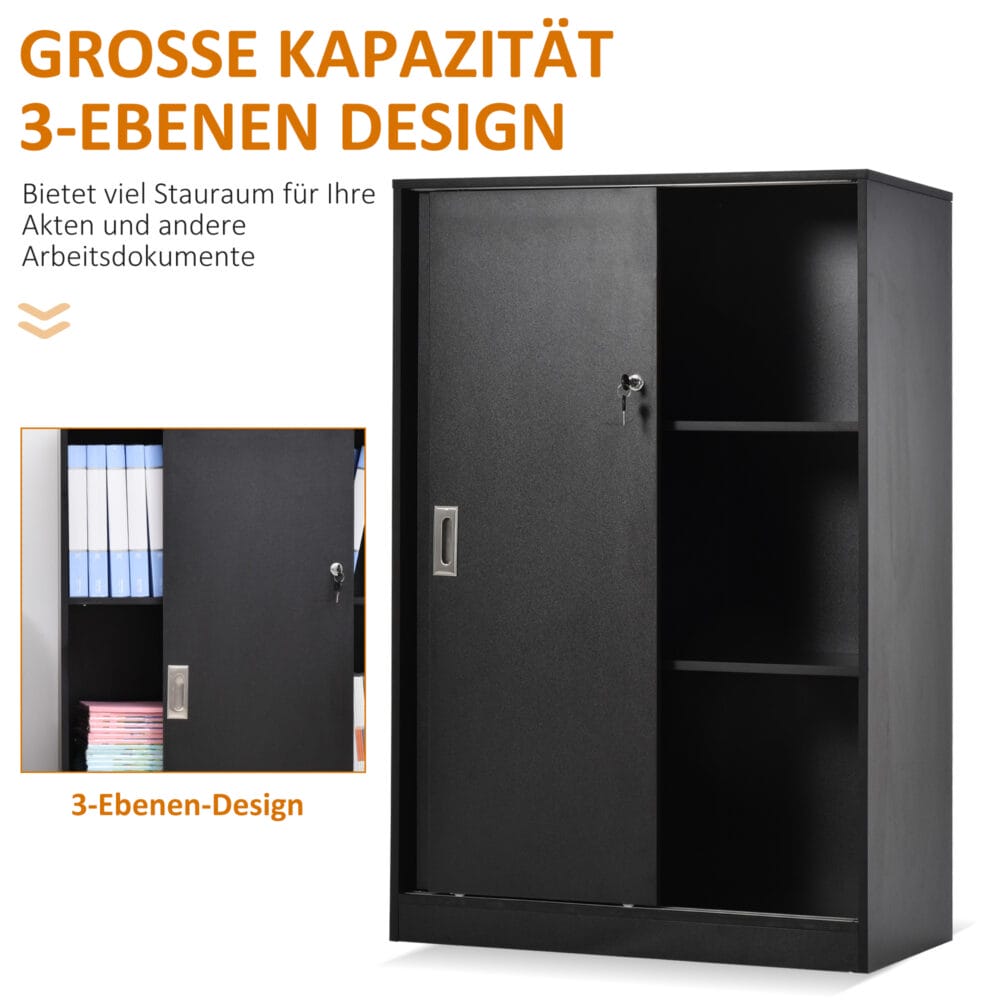 Aktenschrank Büroschrank mit 3 Regalen und 2 Türen schwarz