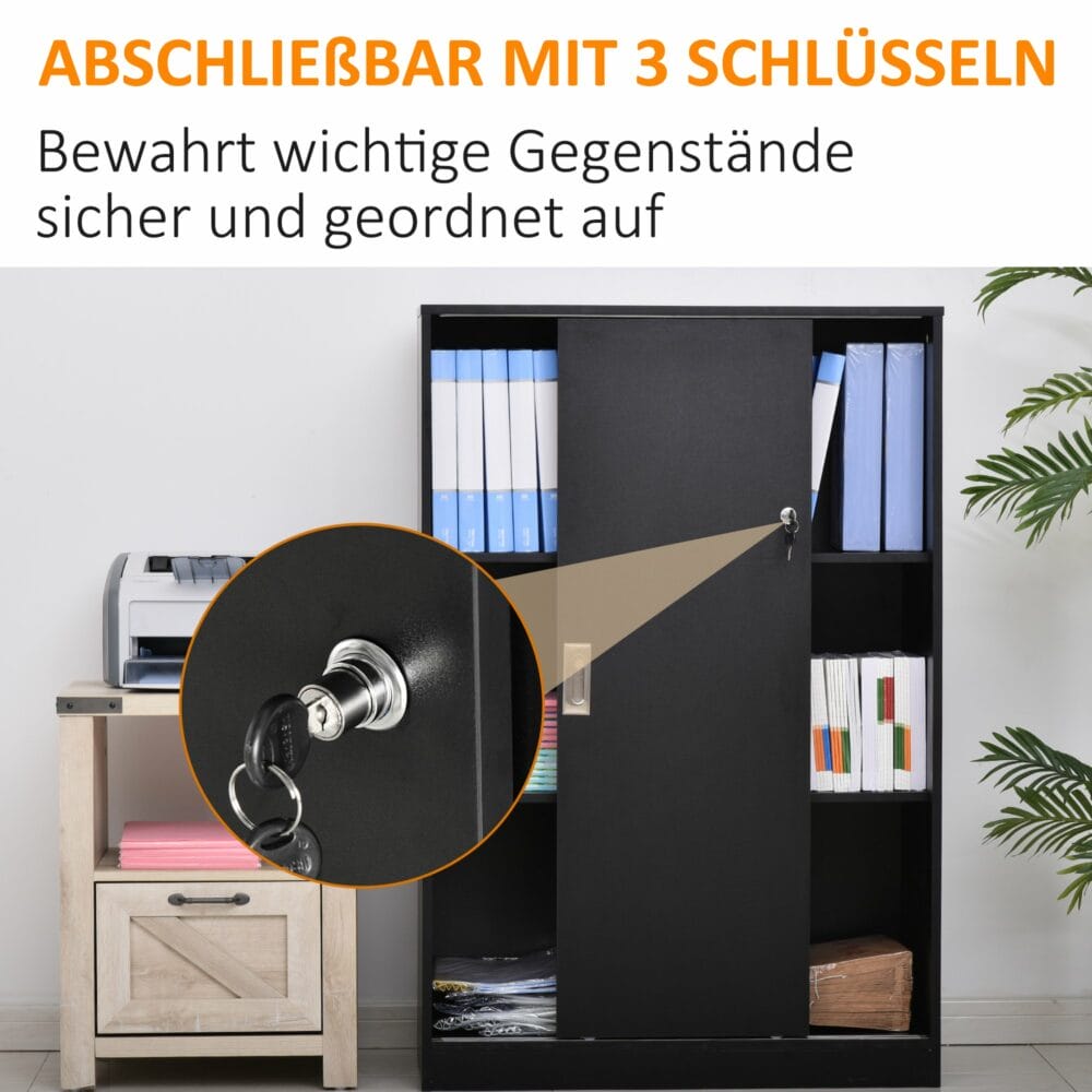 Aktenschrank Büroschrank mit 3 Regalen und 2 Türen schwarz