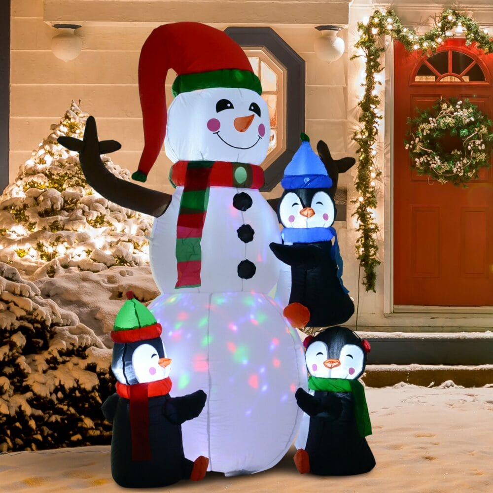 Aufblasbarer LED-Schneemann mit 3 Pinguinen 180cm