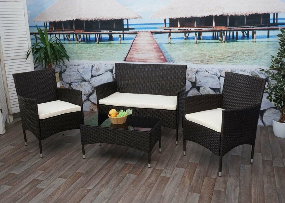 Balkon Sitzgruppe Poly-Rattan 7tlg. Garnitur-Lounge braun Kissen creme