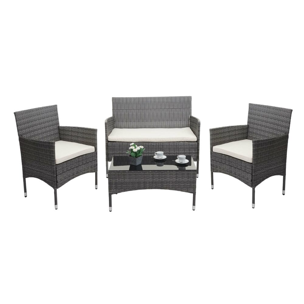 Balkon Sitzgruppe Poly-Rattan 7tlg. Garnitur-Lounge grau Kissen creme