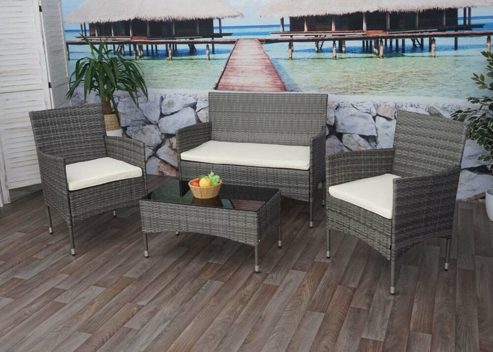 Balkon Sitzgruppe Poly-Rattan 7tlg. Garnitur-Lounge grau Kissen creme