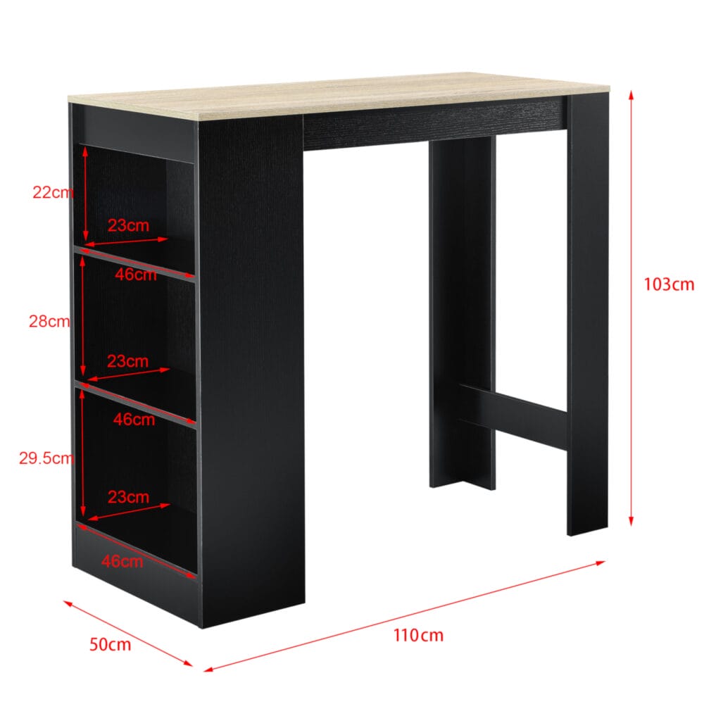 Bartisch 110x50x103 cm mit 3 Ablageflähen Schwarz/Eiche