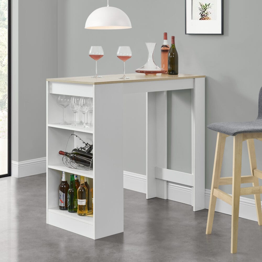 Bartisch Kouvala 110x50x103 cm Hausbar mit 3 Fächern Weiss/Eichenoptik