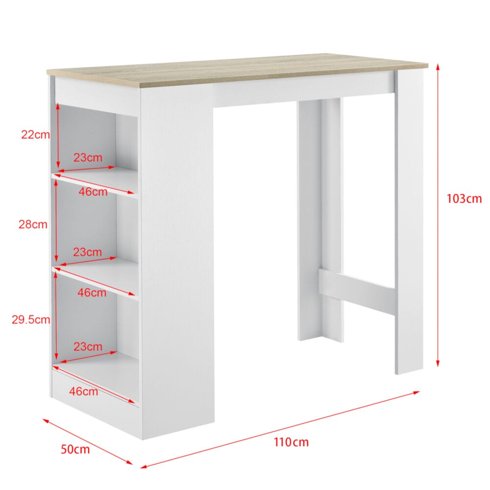 Bartisch Kouvala 110x50x103 cm Hausbar mit 3 Fächern Weiss/Eichenoptik