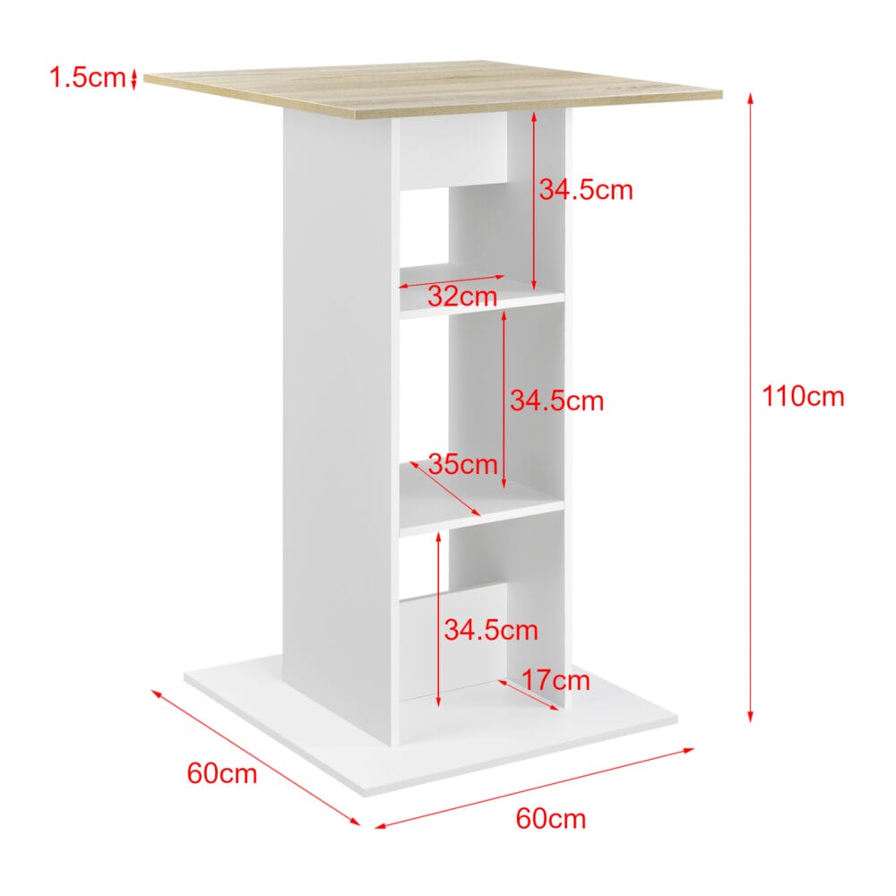 Bartisch Visby 110x70x70 cm mit 3 Regalfächern Weiss/Eiche-Optik